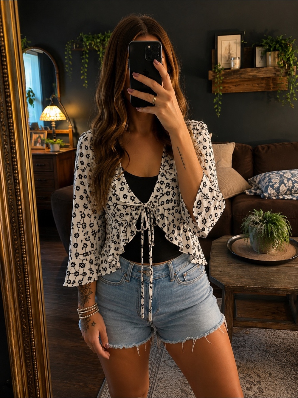 Tie-Front Floral Ruffle Crop Top - White with Navy Floral